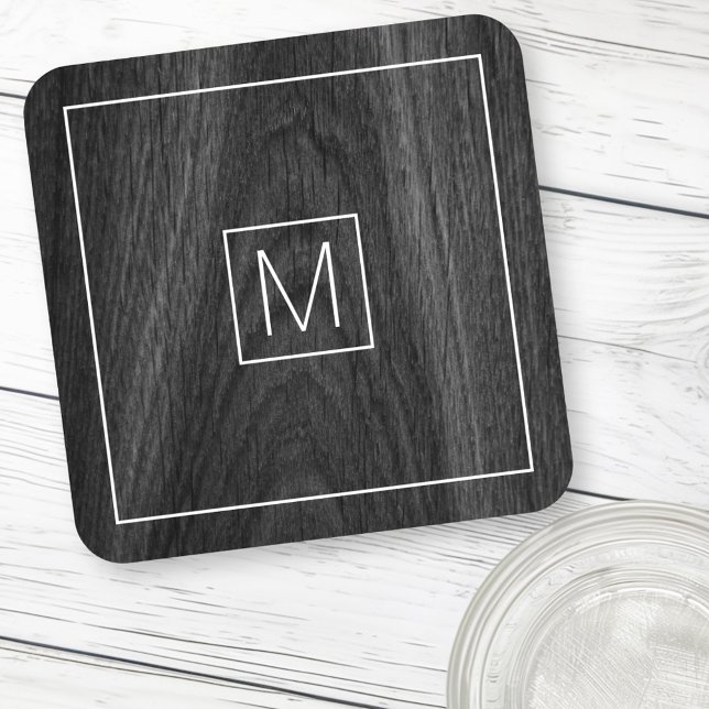 Modern elegant monogram initial black wood grain beverage coaster (Modern elegant monogram initial black wood grain beverage coaster)