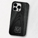 Modern elegant monogram initial black wood grain Case-Mate iPhone 14 pro max case<br><div class="desc">Elegant iPhone case with your monogram initial inside a square,  white border on a printed black wood grain background.</div>