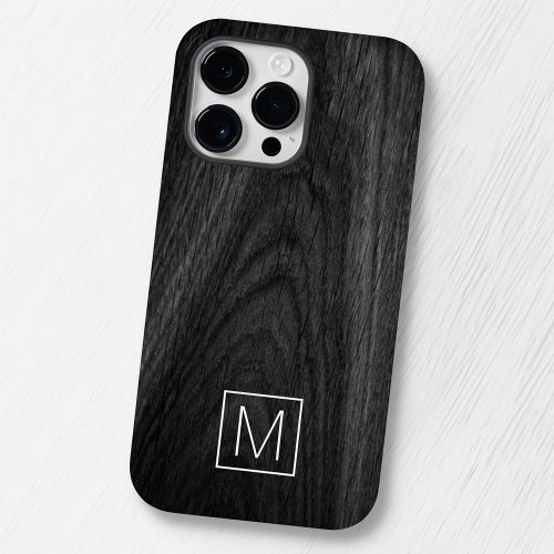 Modern elegant monogram initial black wood grain Case_Mate iPhone 14 pro max case