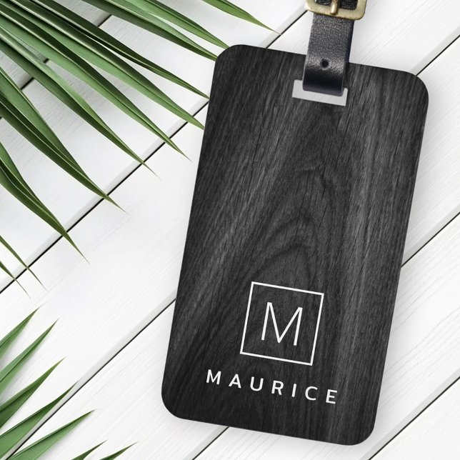 Modern elegant monogram initial name black wood luggage tag (Modern elegant monogram initial name black wood luggage tag)