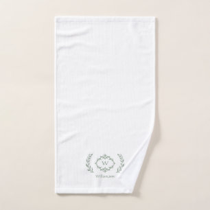 Modern Elegant Monogram Initial White Sage Green Bath Towel Set