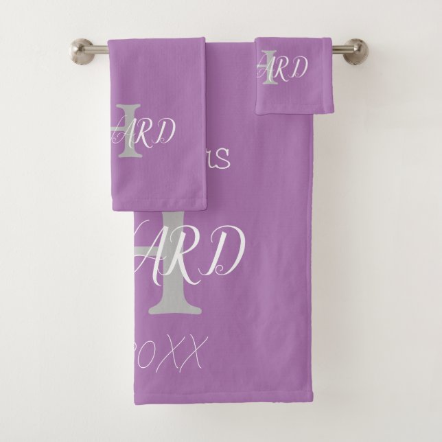 Modern Elegant Monogram Lavender Purple Wedding Bath Towel Set (Insitu)