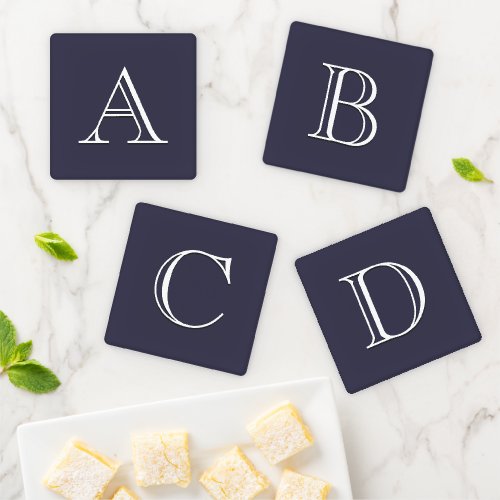 Modern Elegant Monogram Letter Initials Blue White Coaster Set