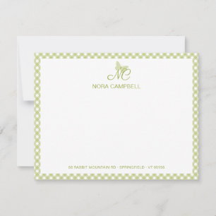 Modern Elegant Monogram Light Green Gingham Checks Note Card