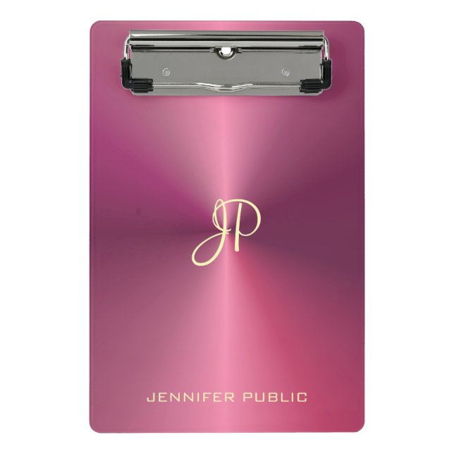 Modern Elegant Monogram Metallic Look Pink Mini Clipboard (Front)