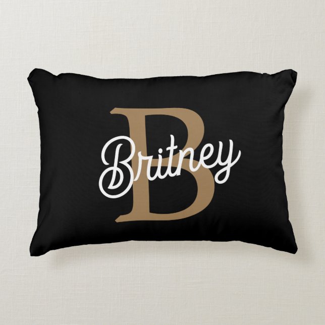Modern Elegant Monogram Name  Black Gold Script  Accent Pillow (Front)