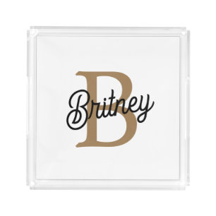 Modern Elegant Monogram Name  Black Gold Script  Acrylic Tray