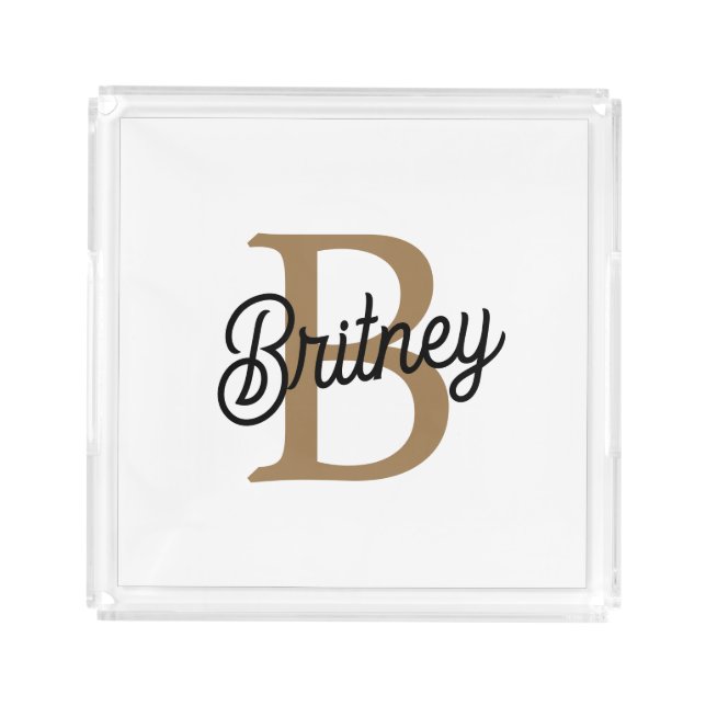 Modern Elegant Monogram Name  Black Gold Script  Acrylic Tray (Front)
