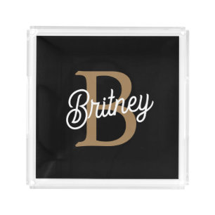 Modern Elegant Monogram Name Black Gold Script Acrylic Tray