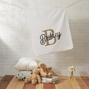 Modern Elegant Monogram Name Black Gold Script Baby Blanket