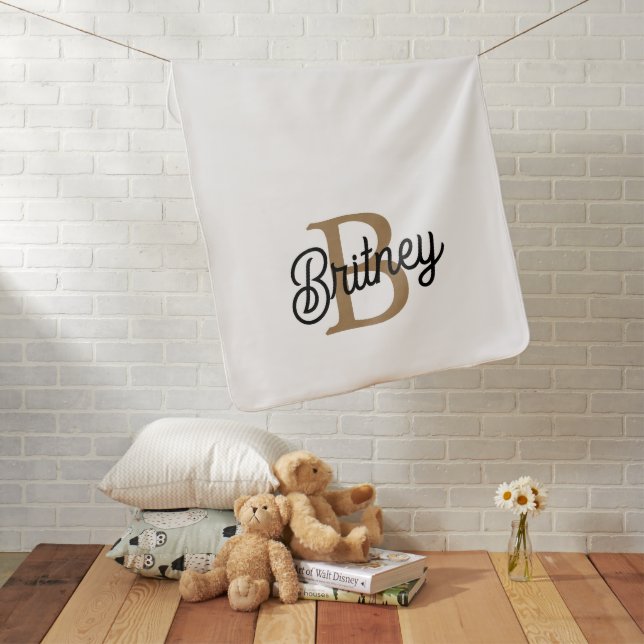 Modern Elegant Monogram Name  Black Gold Script  Baby Blanket (In Situ)