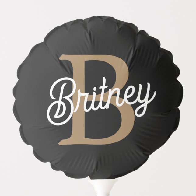 Modern Elegant Monogram Name  Black Gold Script  Balloon (Front)