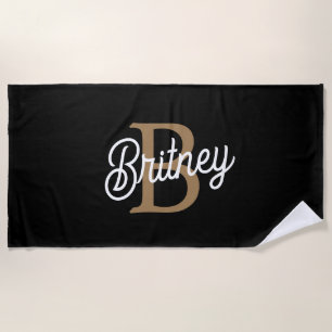 Modern Elegant Monogram Name Black Gold Script Beach Towel