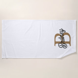 Modern Elegant Monogram Name Black Gold Script Beach Towel
