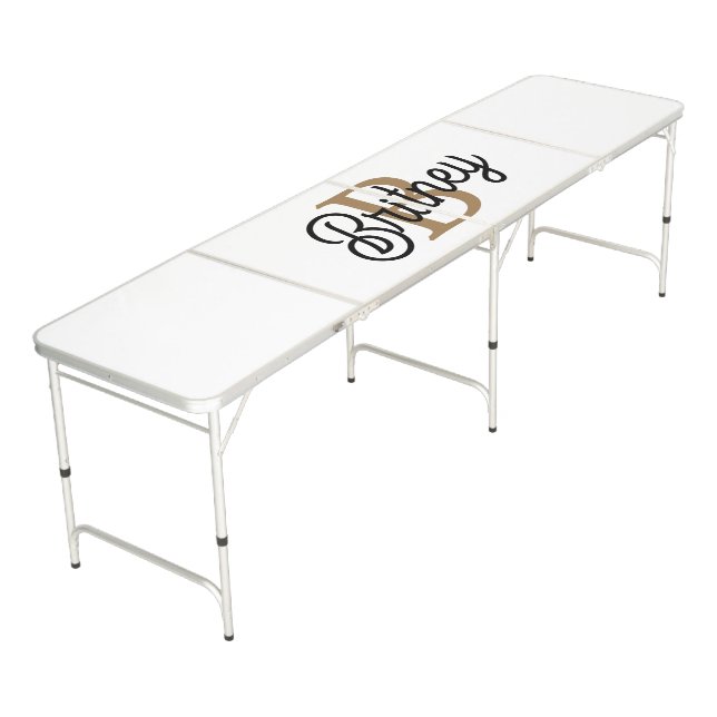 Modern Elegant Monogram Name  Black Gold Script  Beer Pong Table (Angled)