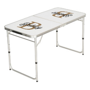 Modern Elegant Monogram Name Black Gold Script Beer Pong Table