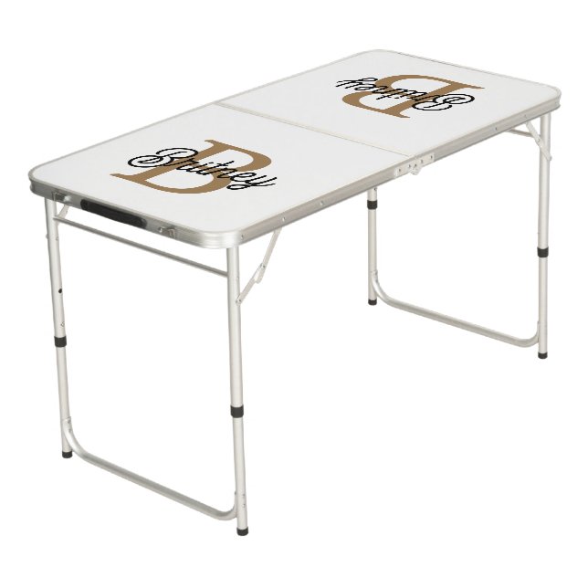 Modern Elegant Monogram Name  Black Gold Script  Beer Pong Table (Angled)