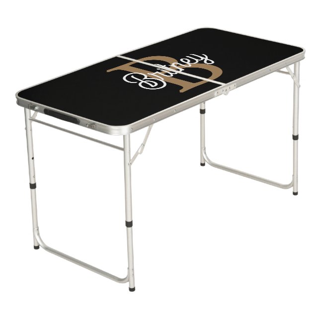 Modern Elegant Monogram Name  Black Gold Script  Beer Pong Table (Angled)