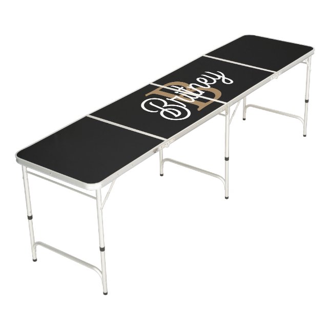 Modern Elegant Monogram Name  Black Gold Script  Beer Pong Table (Angled)