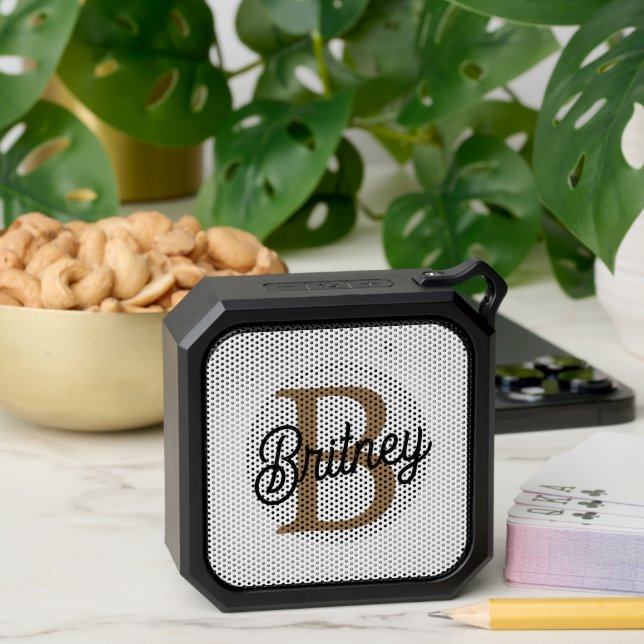 Modern Elegant Monogram Name  Black Gold Script  Bluetooth Speaker (Insitu(Table))