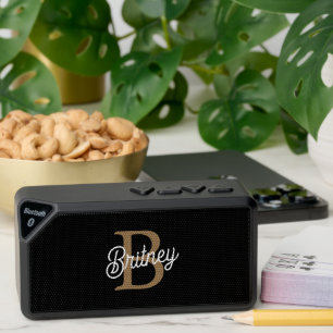 Modern Elegant Monogram Name  Black Gold Script  Bluetooth Speaker