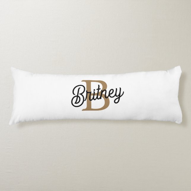 Modern Elegant Monogram Name  Black Gold Script  Body Pillow (Front)