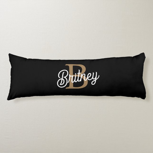 Modern Elegant Monogram Name  Black Gold Script  Body Pillow (Front)