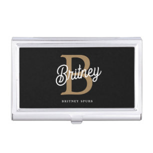 Modern Elegant Monogram Name Black Gold Script Business Card Case