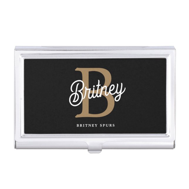 Modern Elegant Monogram Name Black Gold Script Business Card Case (Front)