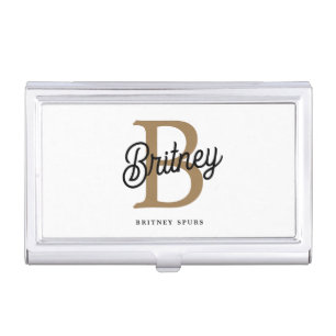 Modern Elegant Monogram Name Black Gold Script Business Card Case