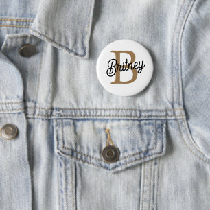 Modern Elegant Monogram Name  Black Gold Script  Button