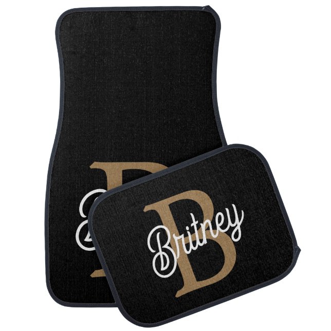 Modern Elegant Monogram Name  Black Gold Script  Car Floor Mat (Set)