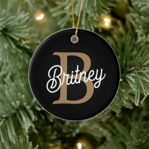 Modern Elegant Monogram Name Black Gold Script Ceramic Ornament