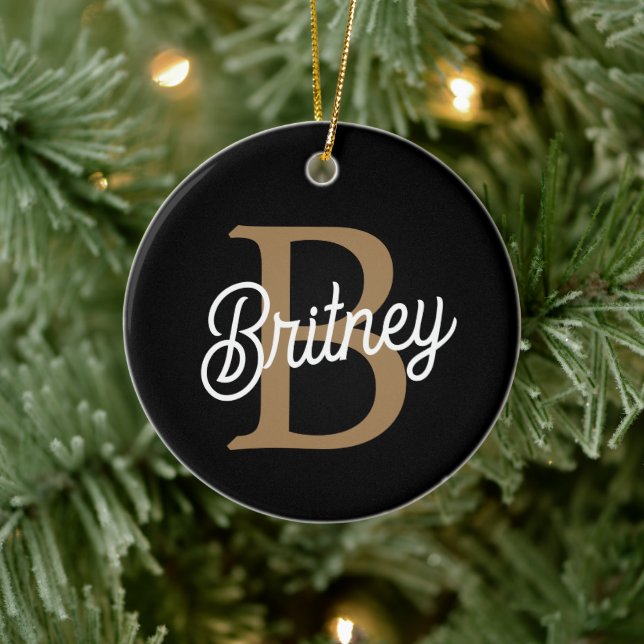 Modern Elegant Monogram Name  Black Gold Script  Ceramic Ornament (Tree)
