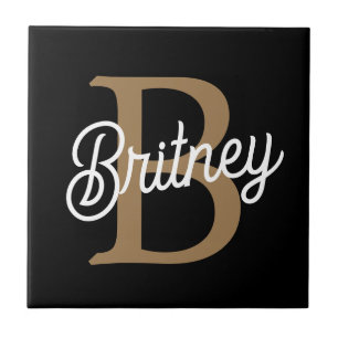 Modern Elegant Monogram Name Black Gold Script Ceramic Tile