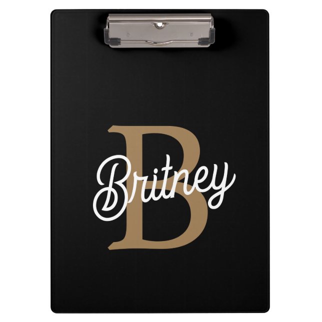 Modern Elegant Monogram Name  Black Gold Script  Clipboard (Front)