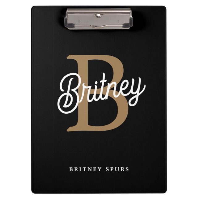 Modern Elegant Monogram Name  Black Gold Script  Clipboard (Front)