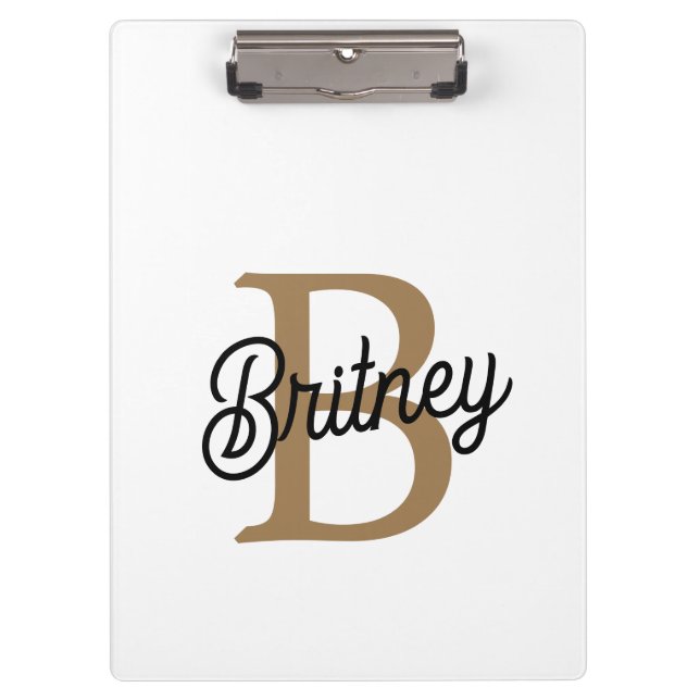Modern Elegant Monogram Name  Black Gold Script  Clipboard (Front)