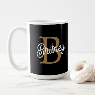 Modern Elegant Monogram Name  Black Gold Script  Coffee Mug