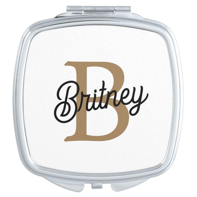 Modern Elegant Monogram Name  Black Gold Script  Compact Mirror (Front)