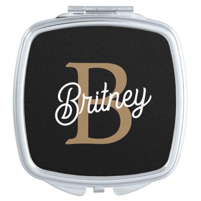 Modern Elegant Monogram Name  Black Gold Script  Compact Mirror (Front)