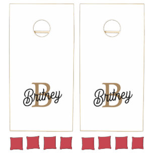 Modern Elegant Monogram Name  Black Gold Script  Cornhole Set