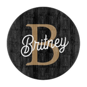 Modern Elegant Monogram Name  Black Gold Script  Cutting Board