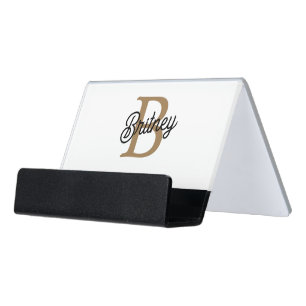 Modern Elegant Monogram Name Black Gold Script Desk Business Card Holder