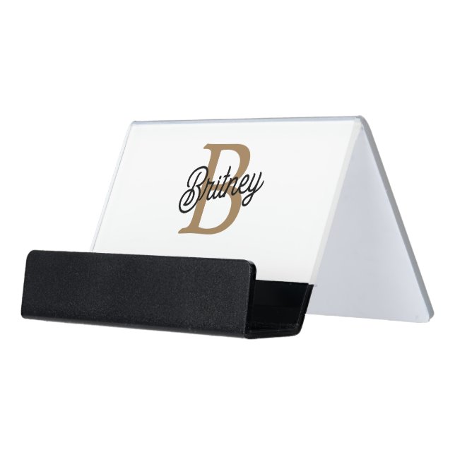 Modern Elegant Monogram Name  Black Gold Script  Desk Business Card Holder (Angled Front)