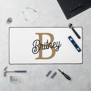 Modern Elegant Monogram Name Black Gold Script Desk Mat