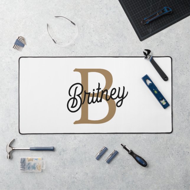 Modern Elegant Monogram Name  Black Gold Script  Desk Mat (Workstation)