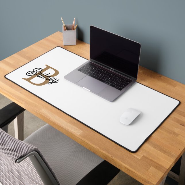 Modern Elegant Monogram Name  Black Gold Script  Desk Mat (Office 2)