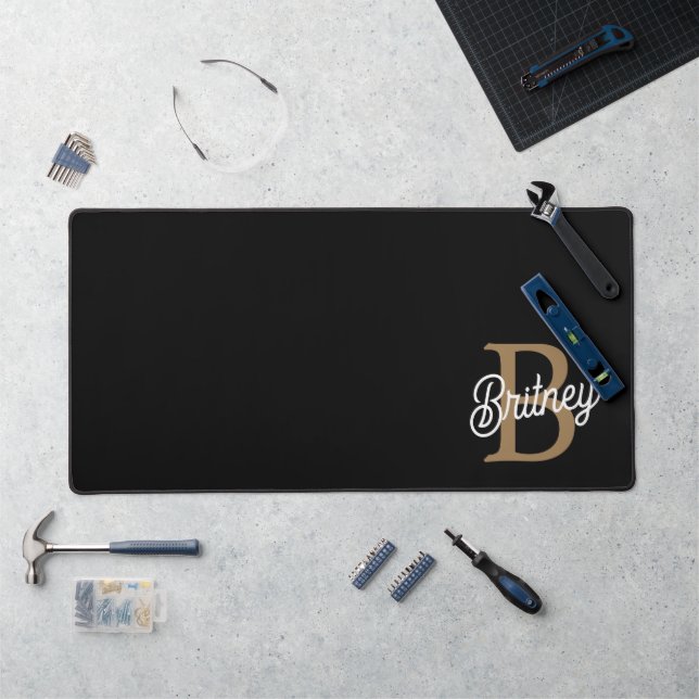 Modern Elegant Monogram Name  Black Gold Script  Desk Mat (Workstation)