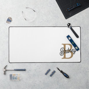 Modern Elegant Monogram Name Black Gold Script Desk Mat